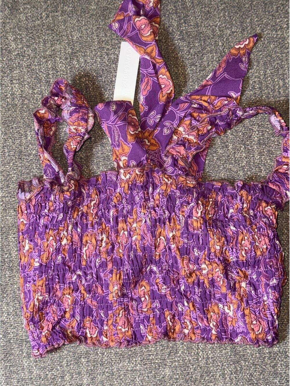 Olivaceous Floral Smocked‎ Crop Top NWT Purple Tie Back Ruffle Strap Size Small